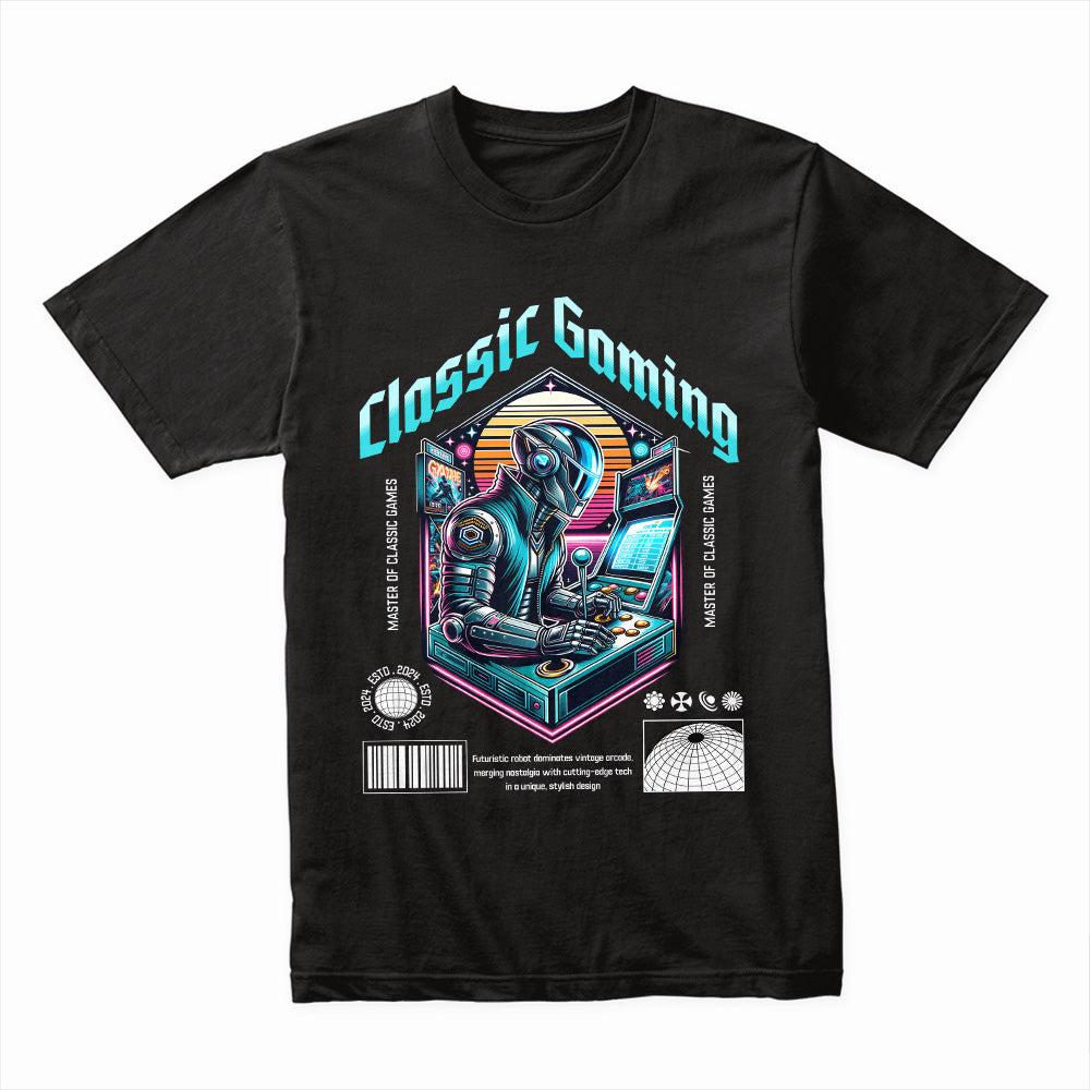 "Classic Gaming Cyberpunk T-Shirt – Futuristic Retro Arcade Design"