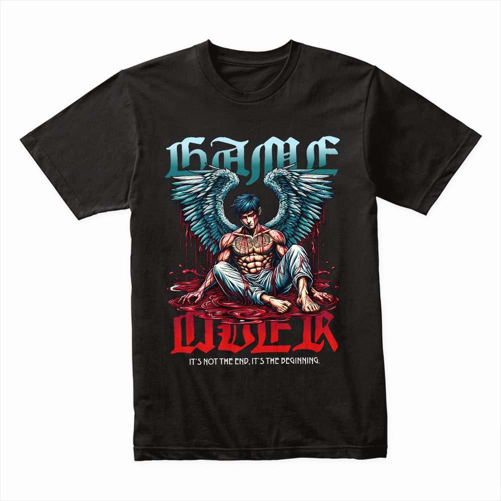 "Game Over – Angel Warrior Gaming T-Shirt with Dark Fantasy Art"