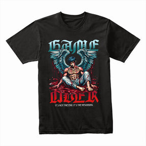 "Game Over – Angel Warrior Gaming T-Shirt with Dark Fantasy Art"