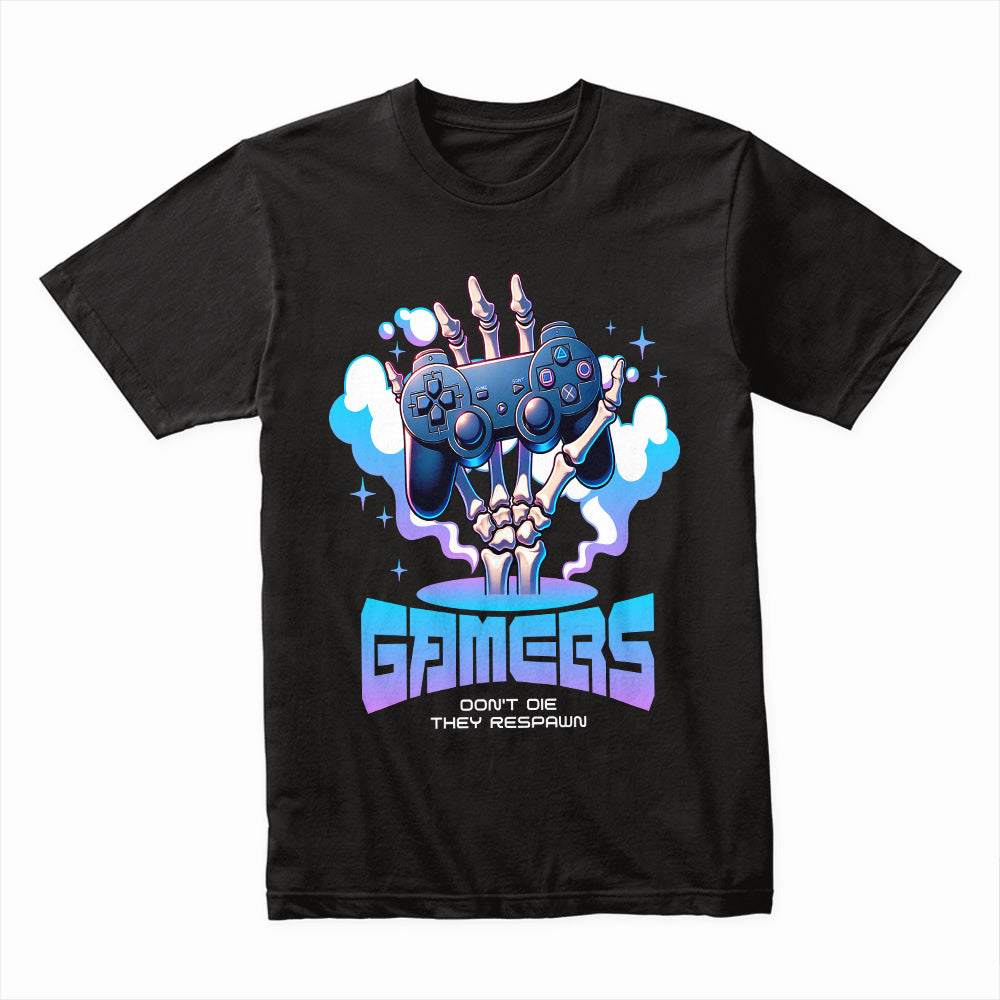 "Gamers Don’t Die, They Respawn – Skeleton Hand Gaming T-Shirt"