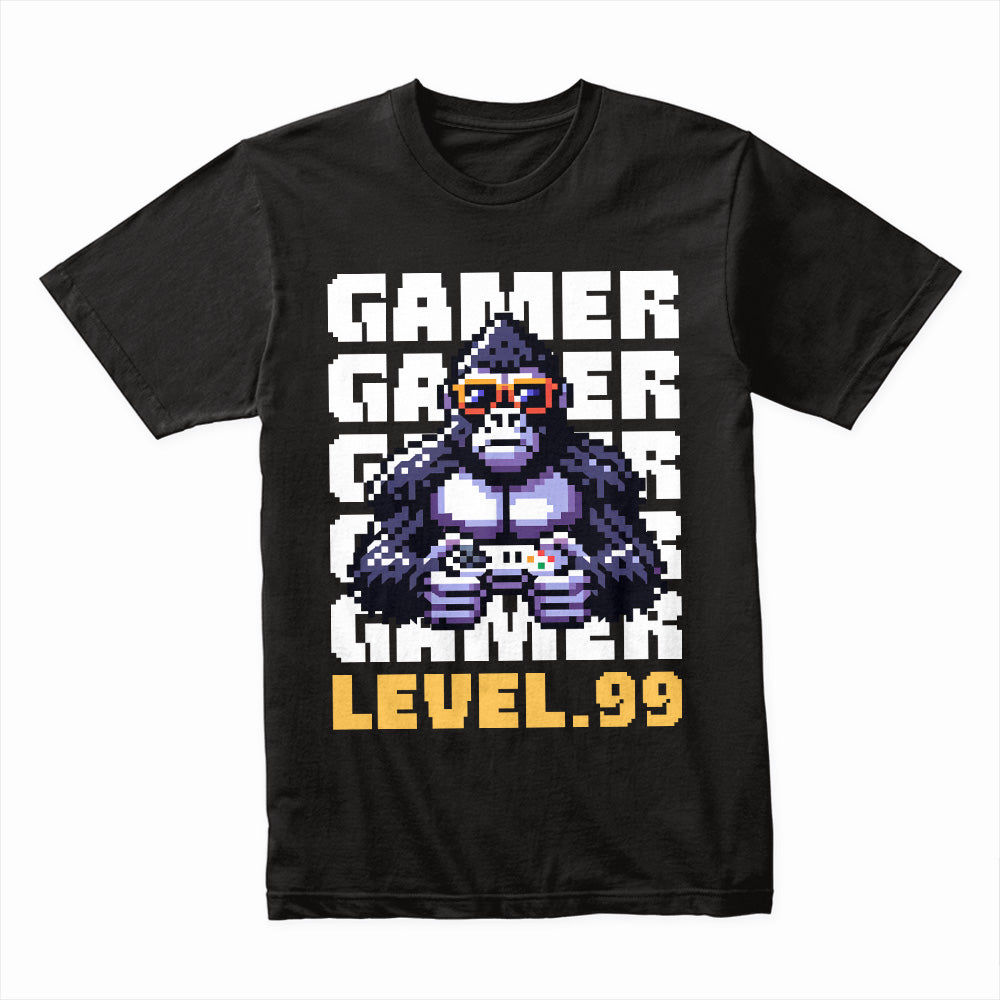 "Level 99 Gamer Gorilla – Pixel Art Retro Gaming T-Shirt"