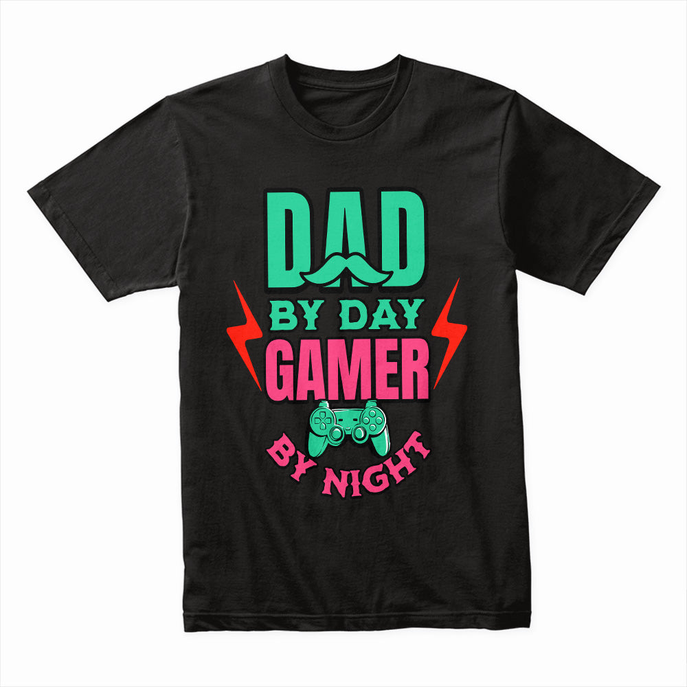 "Dad by Day, Gamer by Night – Funny Gaming T-Shirt for Gamer Dads"