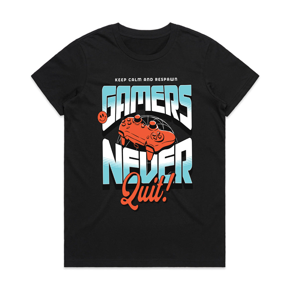 "Gamers Never Quit" T-Shirt - Retro Futuristic Gaming Design