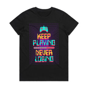 "Keep Playing, Never Losing" Cyber Neon Gaming T-Shirt