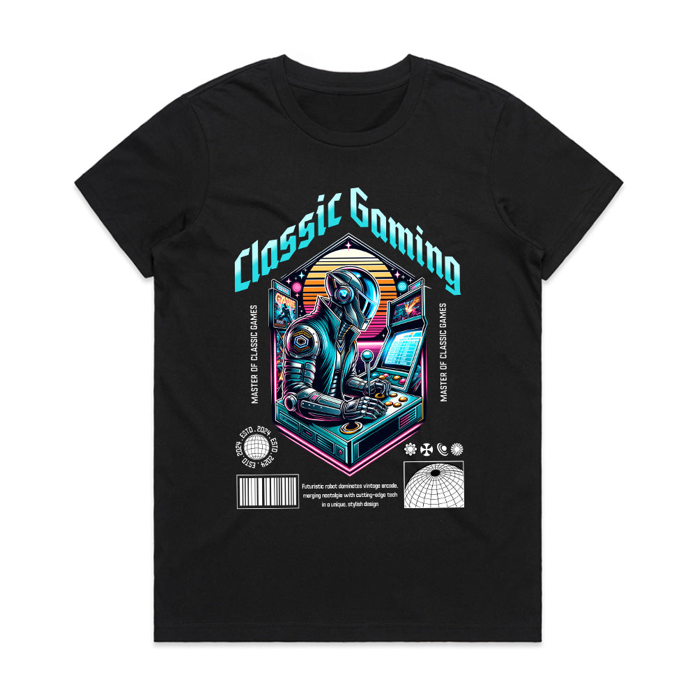 "Classic Gaming Cyberpunk T-Shirt – Futuristic Retro Arcade Design"