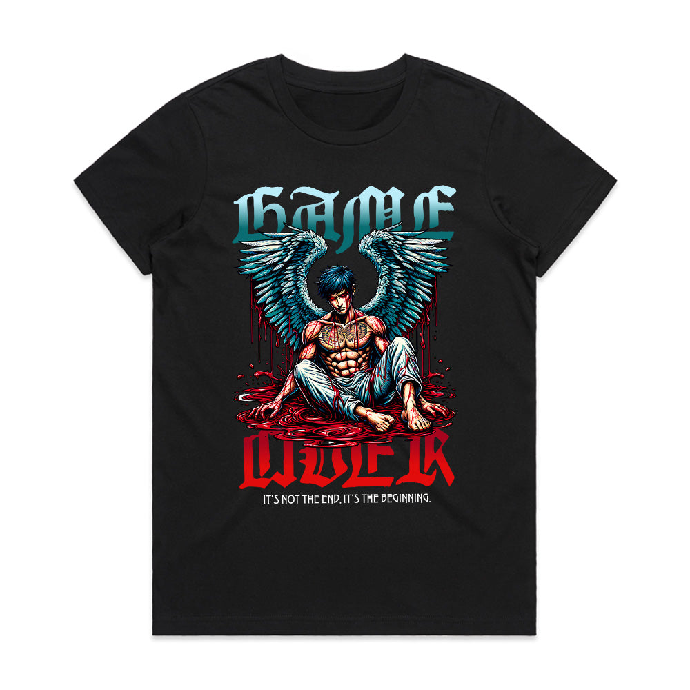 "Game Over – Angel Warrior Gaming T-Shirt with Dark Fantasy Art"