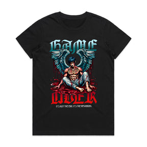 "Game Over – Angel Warrior Gaming T-Shirt with Dark Fantasy Art"