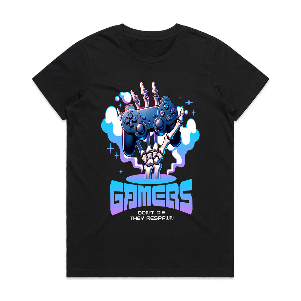 "Gamers Don’t Die, They Respawn – Skeleton Hand Gaming T-Shirt"