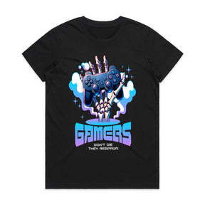"Gamers Don’t Die, They Respawn – Skeleton Hand Gaming T-Shirt"
