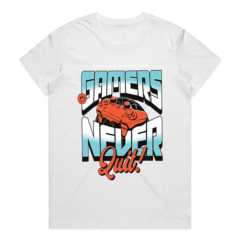 "Gamers Never Quit" T-Shirt - Retro Futuristic Gaming Design
