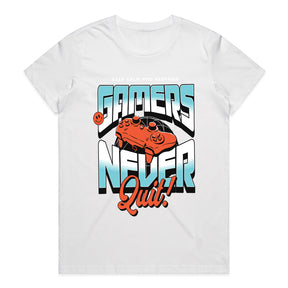 "Gamers Never Quit" T-Shirt - Retro Futuristic Gaming Design