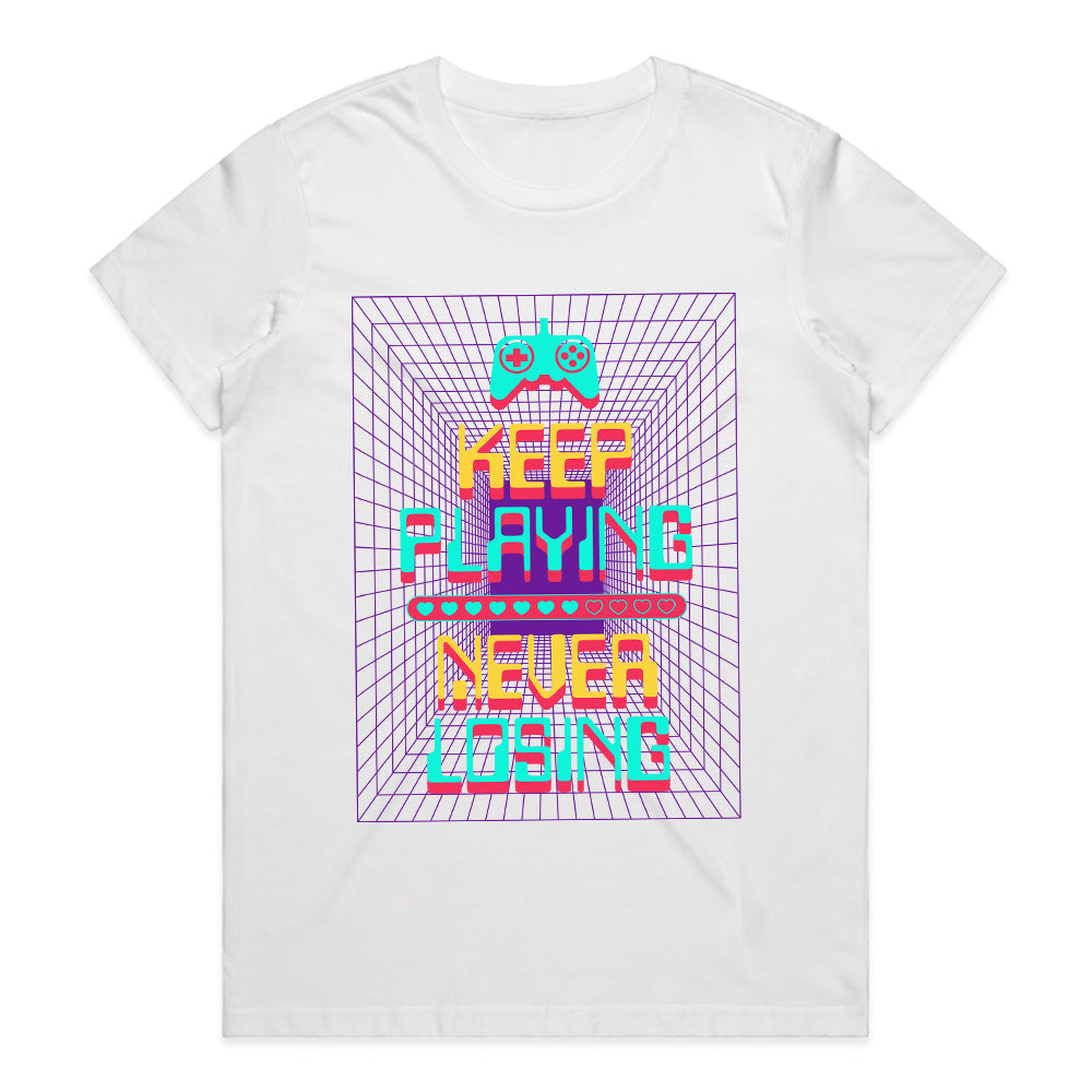 "Keep Playing, Never Losing" Cyber Neon Gaming T-Shirt