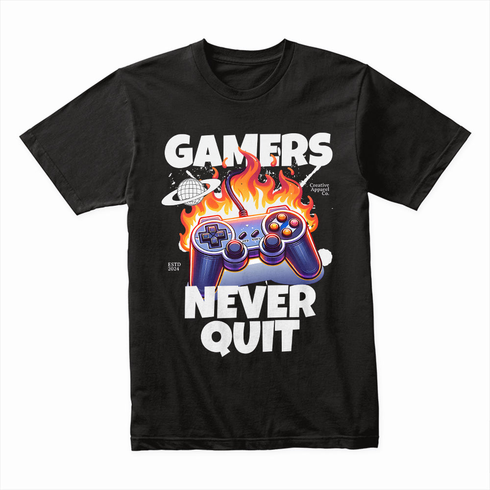 "Gamers Never Quit" T-Shirt - Fiery Gaming Controller Design