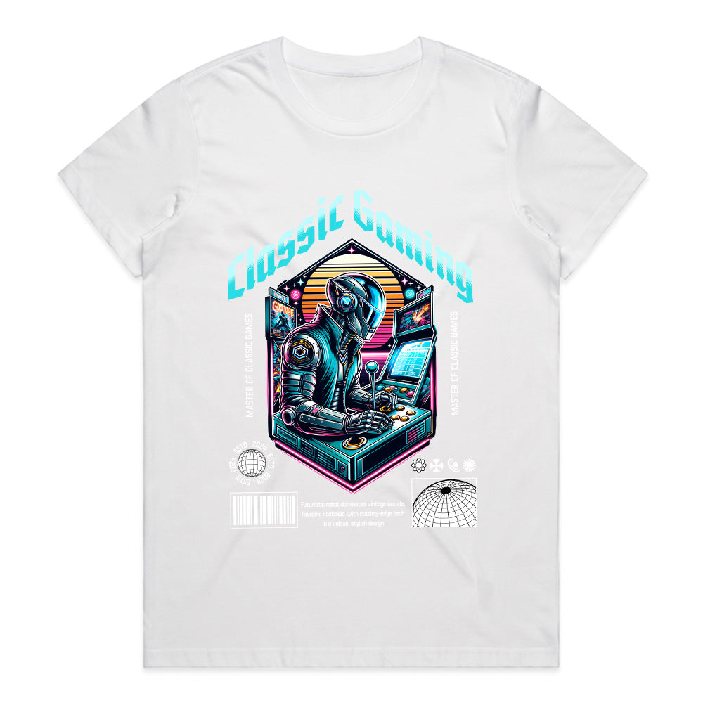 "Classic Gaming Cyberpunk T-Shirt – Futuristic Retro Arcade Design"