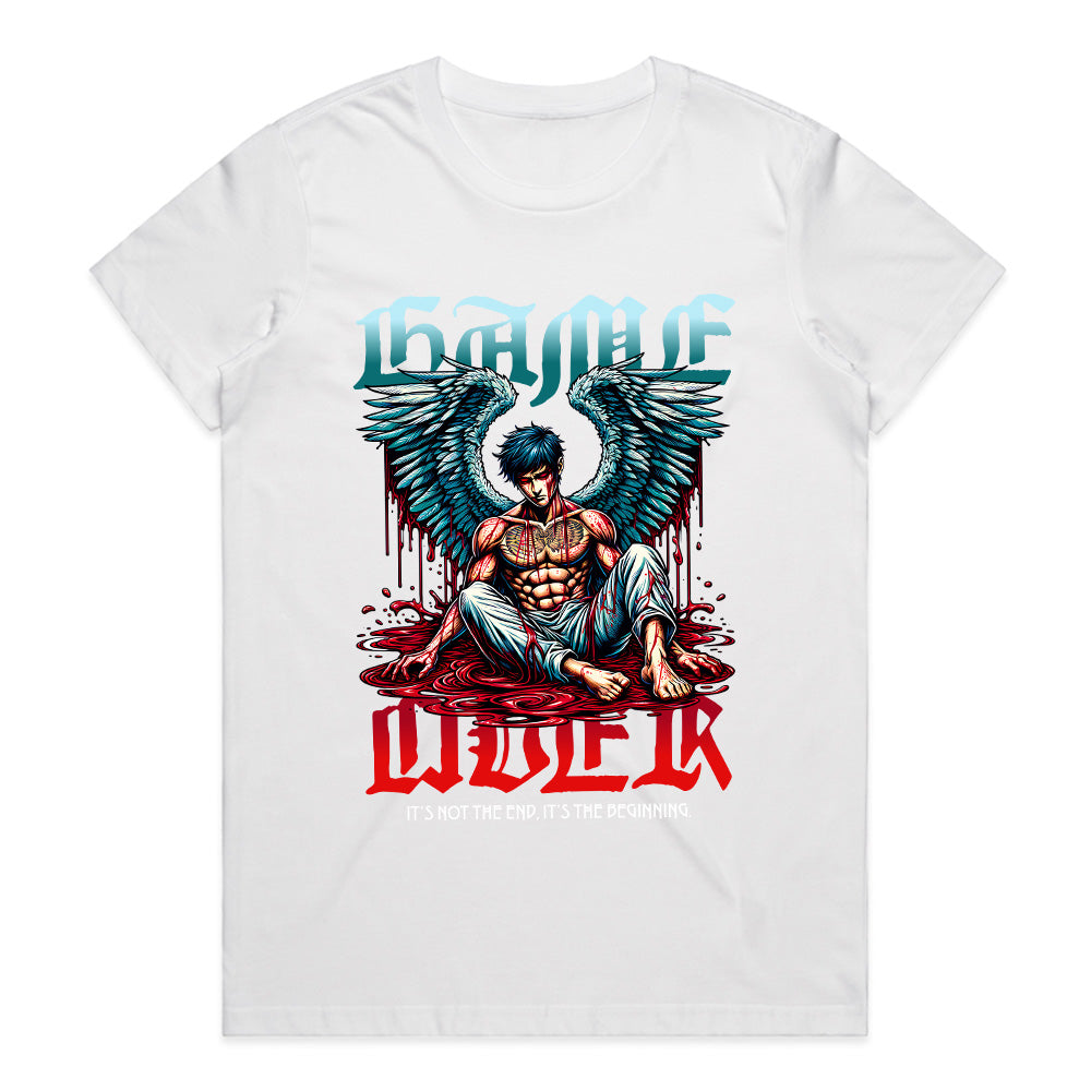 "Game Over – Angel Warrior Gaming T-Shirt with Dark Fantasy Art"