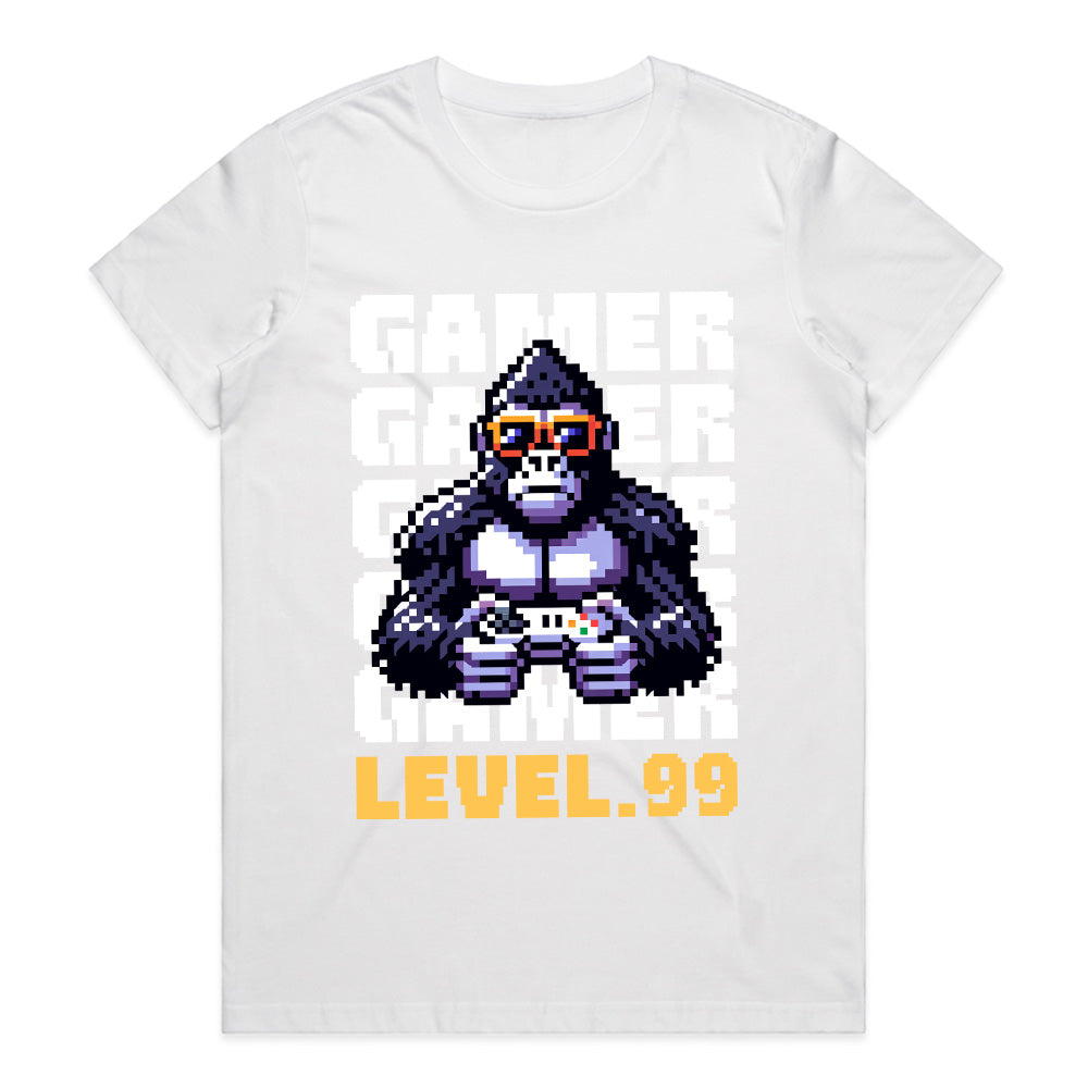 "Level 99 Gamer Gorilla – Pixel Art Retro Gaming T-Shirt"