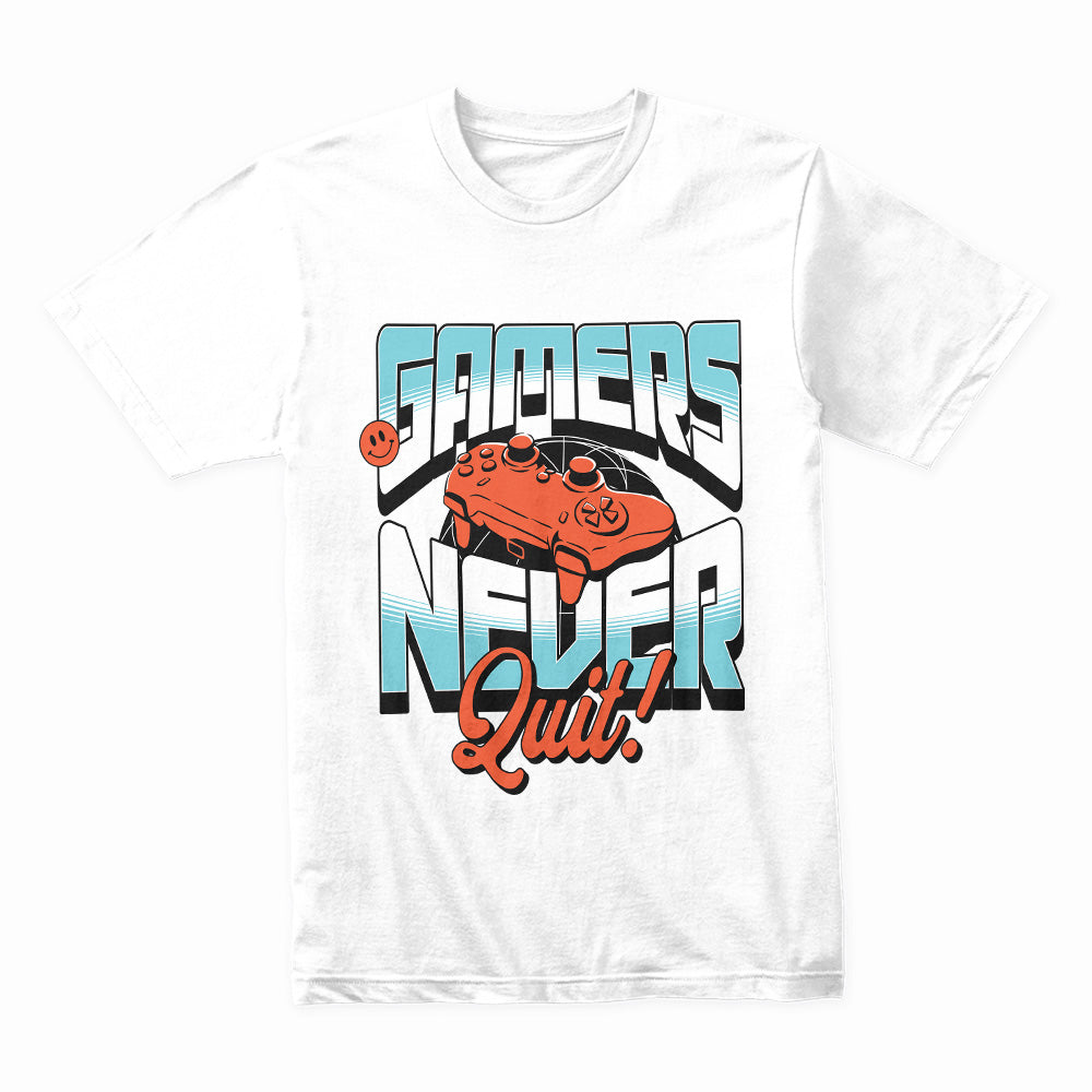 "Gamers Never Quit" T-Shirt - Retro Futuristic Gaming Design