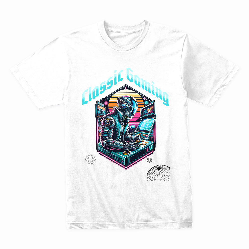 "Classic Gaming Cyberpunk T-Shirt – Futuristic Retro Arcade Design"