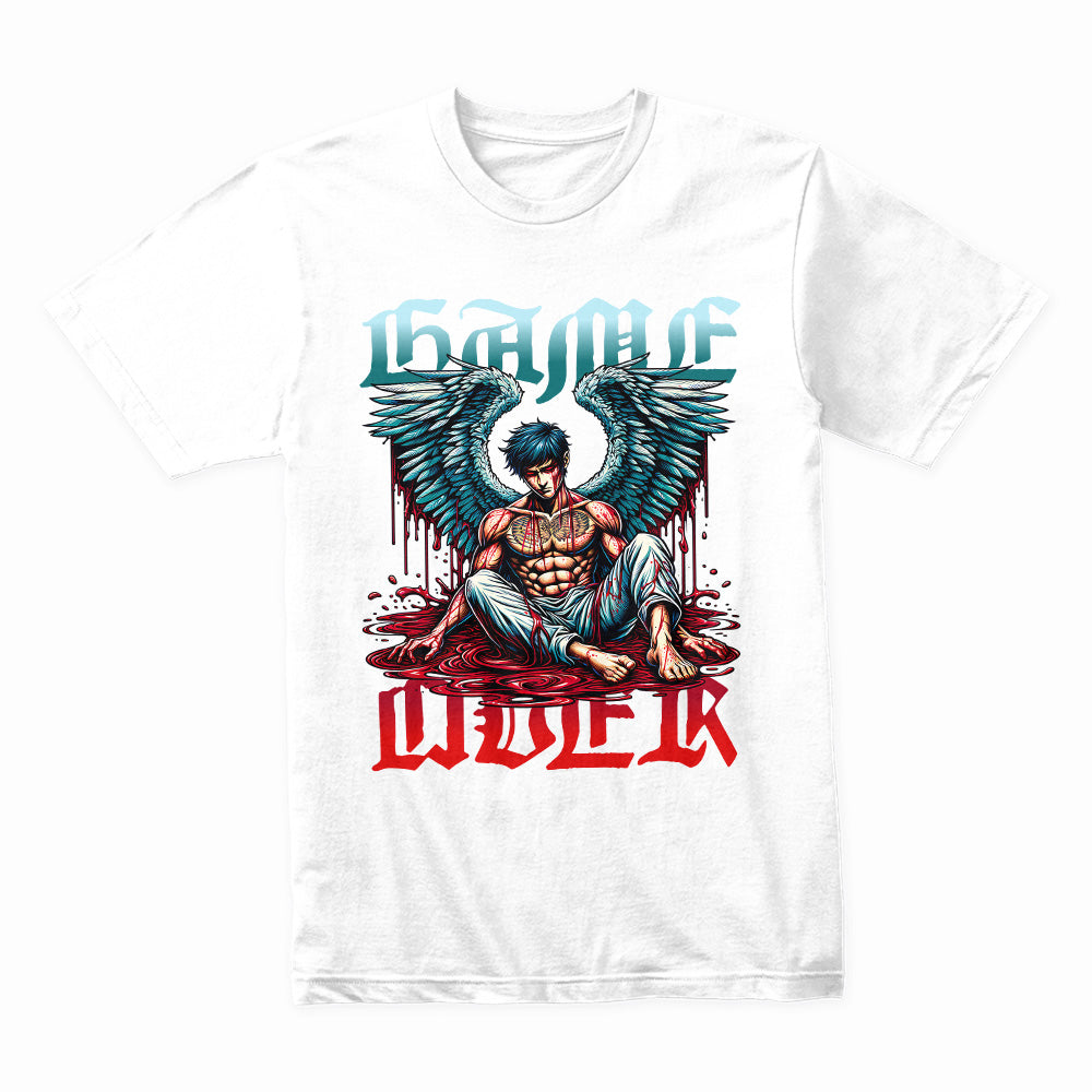 "Game Over – Angel Warrior Gaming T-Shirt with Dark Fantasy Art"