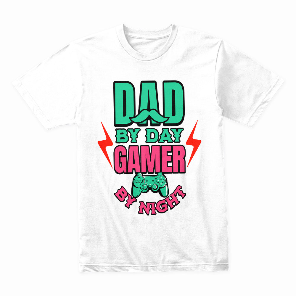 "Dad by Day, Gamer by Night – Funny Gaming T-Shirt for Gamer Dads"