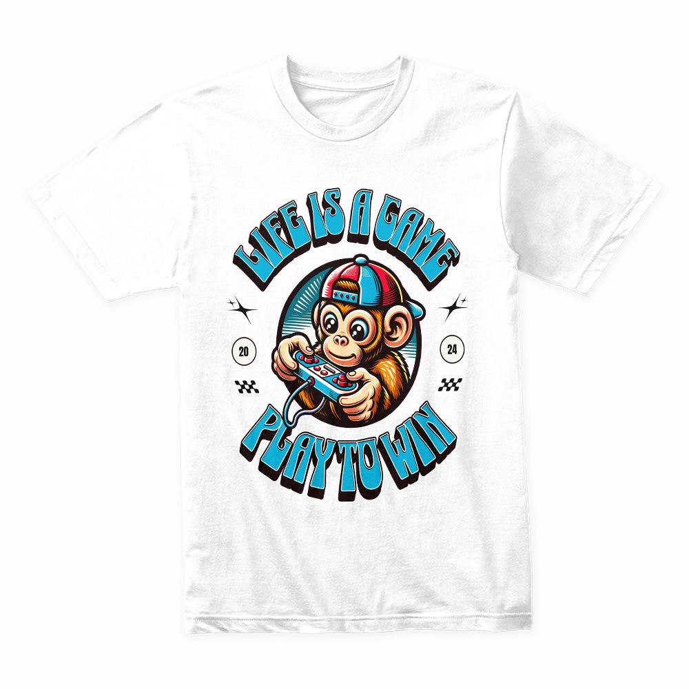 "Life Is a Game – Play to Win" Gamer Monkey T-Shirt