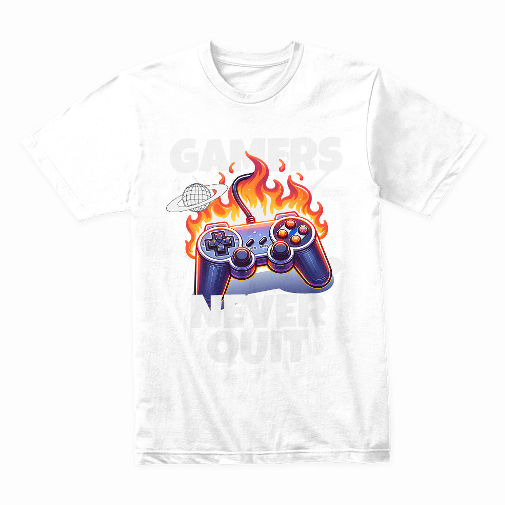"Gamers Never Quit" T-Shirt - Fiery Gaming Controller Design