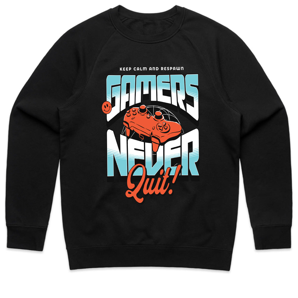 "Gamers Never Quit" T-Shirt - Retro Futuristic Gaming Design