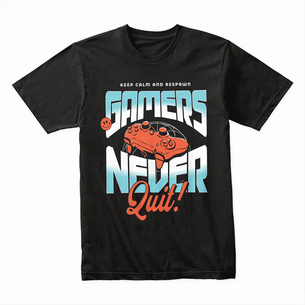 "Gamers Never Quit" T-Shirt - Retro Futuristic Gaming Design