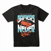 "Gamers Never Quit" T-Shirt - Retro Futuristic Gaming Design