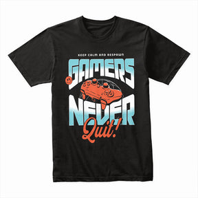 "Gamers Never Quit" T-Shirt - Retro Futuristic Gaming Design