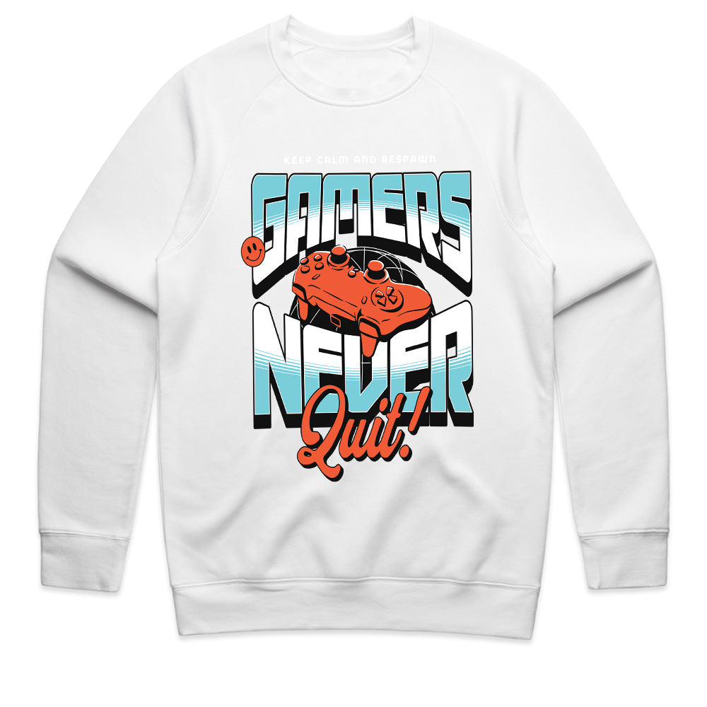 "Gamers Never Quit" T-Shirt - Retro Futuristic Gaming Design