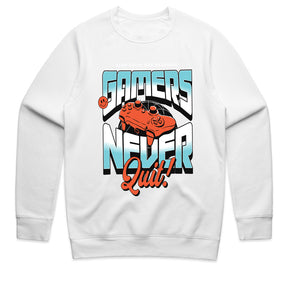 "Gamers Never Quit" T-Shirt - Retro Futuristic Gaming Design