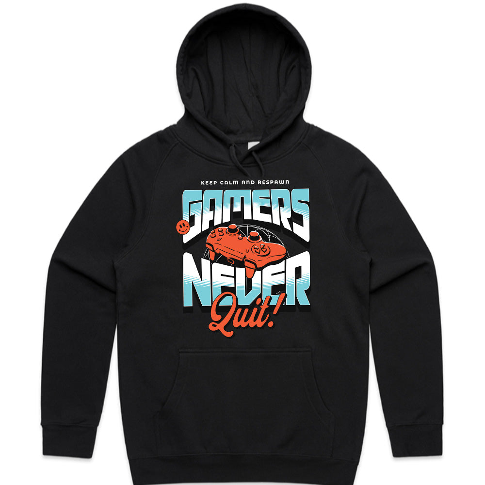 "Gamers Never Quit" T-Shirt - Retro Futuristic Gaming Design